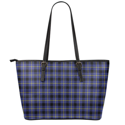 Blue Yellow And Black Plaid Print Leather Tote Bag