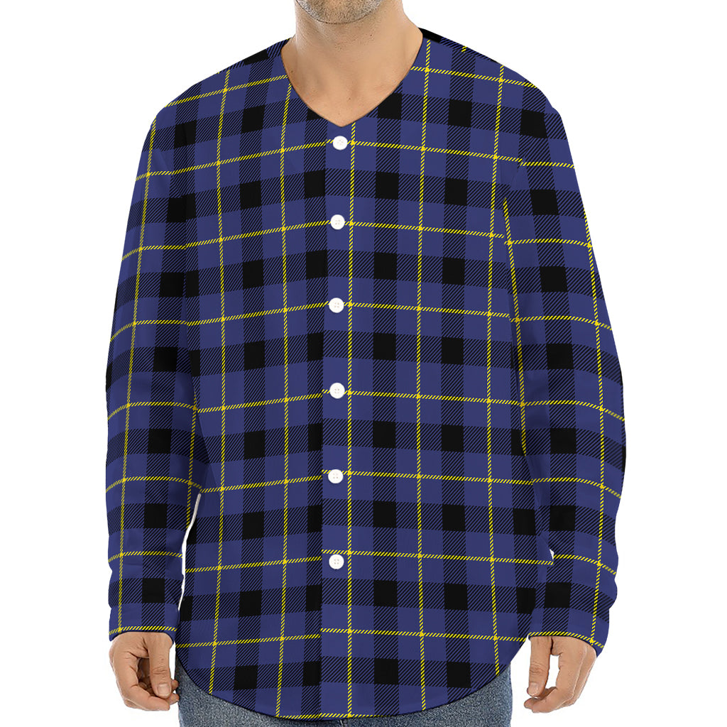 Blue Yellow And Black Plaid Print Long Sleeve Baseball Jersey