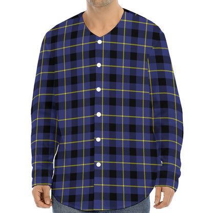 Blue Yellow And Black Plaid Print Long Sleeve Baseball Jersey