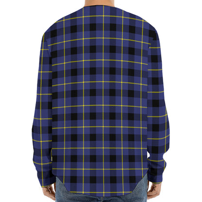 Blue Yellow And Black Plaid Print Long Sleeve Baseball Jersey