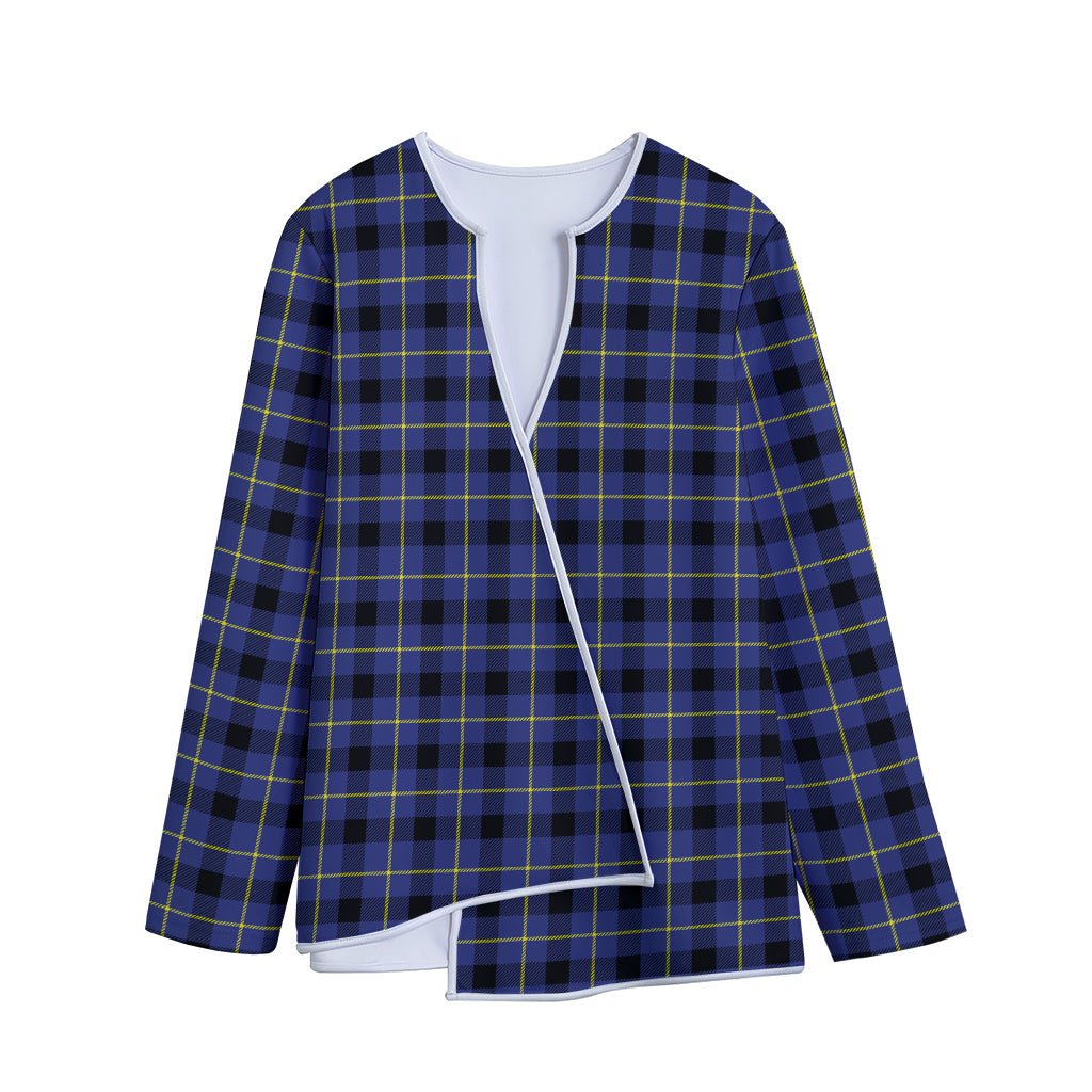 Blue Yellow And Black Plaid Print Long Sleeve Short Coat