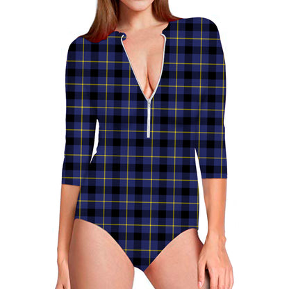 Blue Yellow And Black Plaid Print Long Sleeve Swimsuit