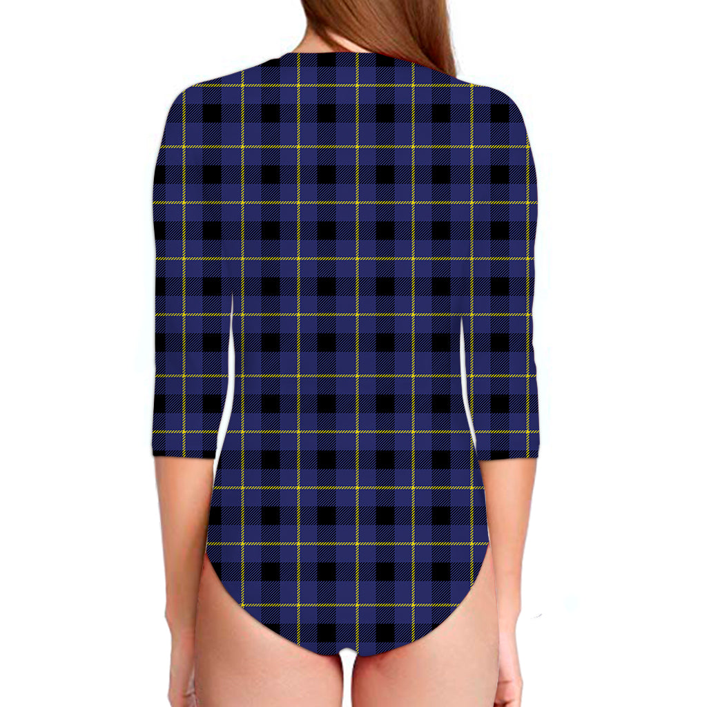 Blue Yellow And Black Plaid Print Long Sleeve Swimsuit