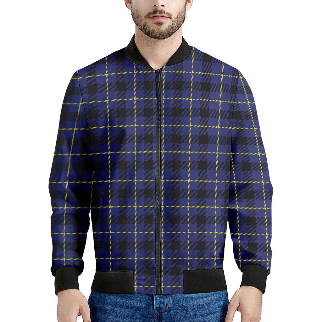 Blue Yellow And Black Plaid Print Men's Bomber Jacket