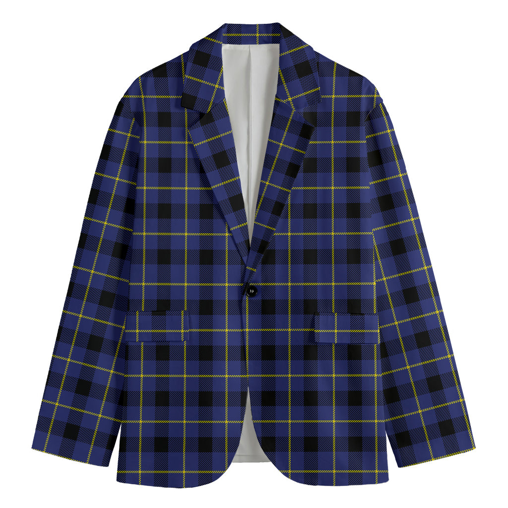 Blue Yellow And Black Plaid Print Men's Cotton Blazer