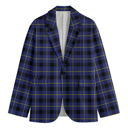 Blue Yellow And Black Plaid Print Men's Cotton Blazer