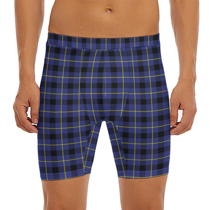 Blue Yellow And Black Plaid Print Men's Long Boxer Briefs