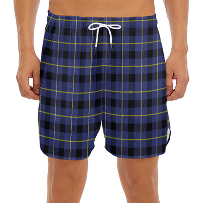 Blue Yellow And Black Plaid Print Men's Split Running Shorts