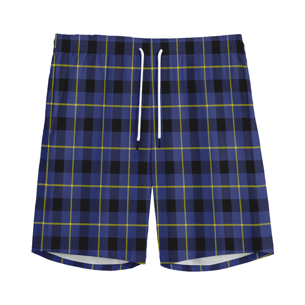 Blue Yellow And Black Plaid Print Men's Sports Shorts