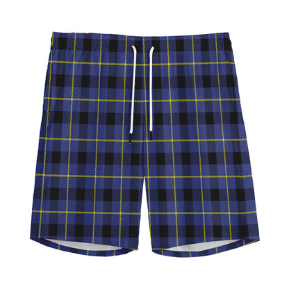 Blue Yellow And Black Plaid Print Men's Sports Shorts