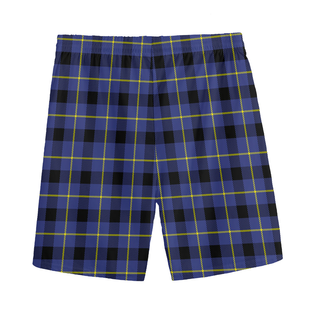 Blue Yellow And Black Plaid Print Men's Sports Shorts