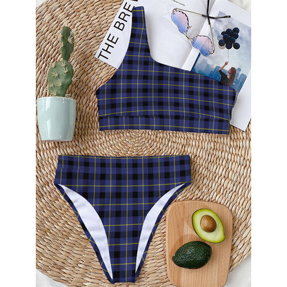 Blue Yellow And Black Plaid Print One Shoulder Bikini Top