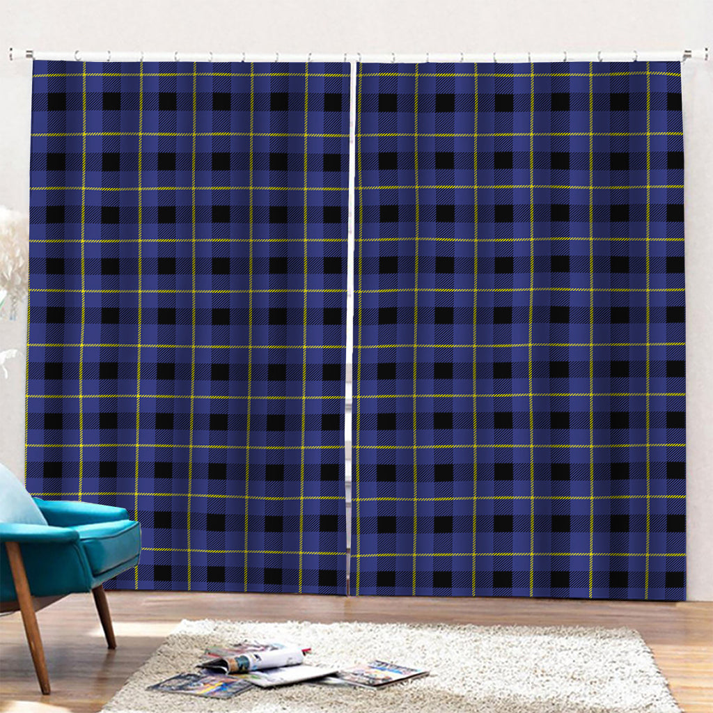 Blue Yellow And Black Plaid Print Pencil Pleat Curtains