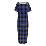 Blue Yellow And Black Plaid Print Short Sleeve Long Nightdress