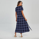 Blue Yellow And Black Plaid Print Short Sleeve Maxi Dress