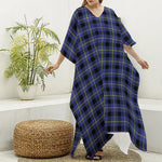 Blue Yellow And Black Plaid Print Silk V-Neck Kaftan Dress