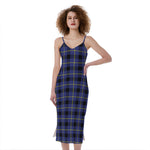 Blue Yellow And Black Plaid Print Slim Fit Midi Cami Dress