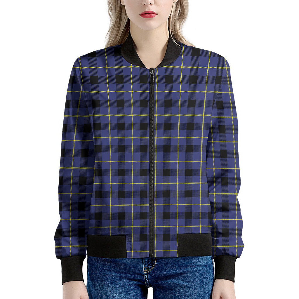 Blue Yellow And Black Plaid Print Women's Bomber Jacket