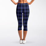 Blue Yellow And Black Plaid Print Women's Capri Leggings