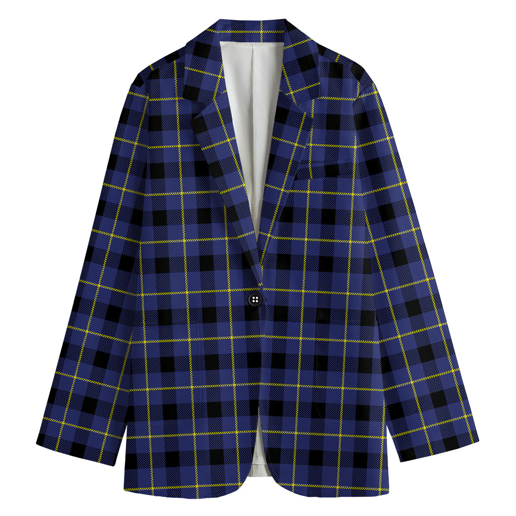 Blue Yellow And Black Plaid Print Women's Cotton Blazer