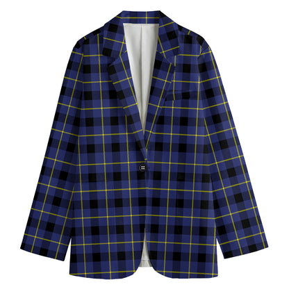 Blue Yellow And Black Plaid Print Women's Cotton Blazer