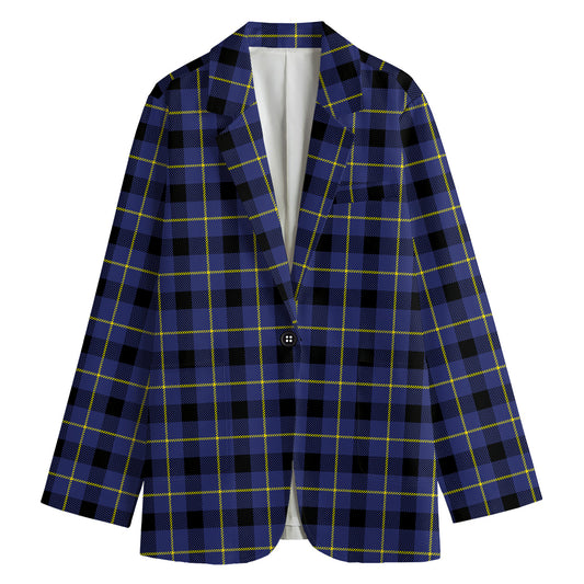 Blue Yellow And Black Plaid Print Women's Cotton Blazer