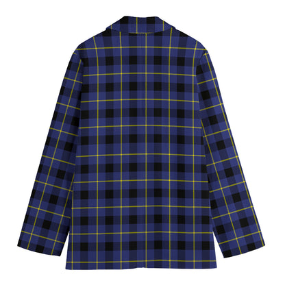 Blue Yellow And Black Plaid Print Women's Cotton Blazer