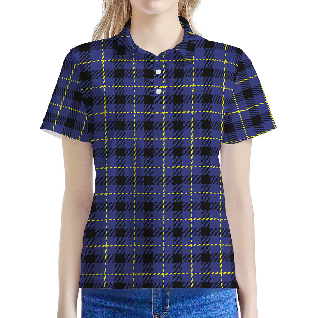 Blue Yellow And Black Plaid Print Women's Polo Shirt