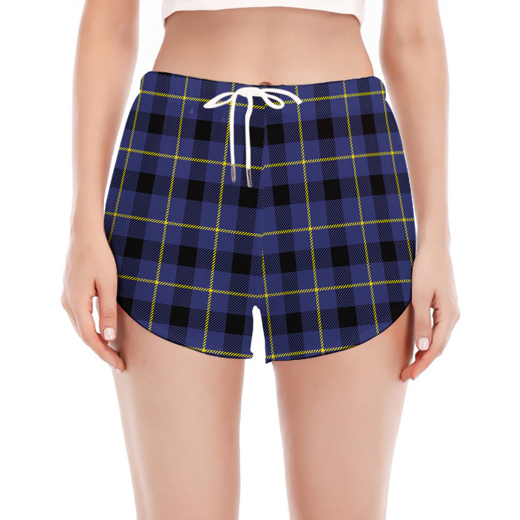 Blue Yellow And Black Plaid Print Women's Split Running Shorts