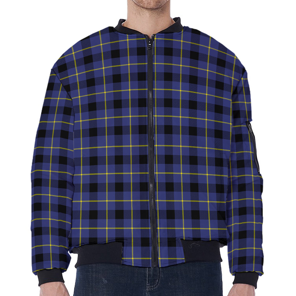 Blue Yellow And Black Plaid Print Zip Sleeve Bomber Jacket