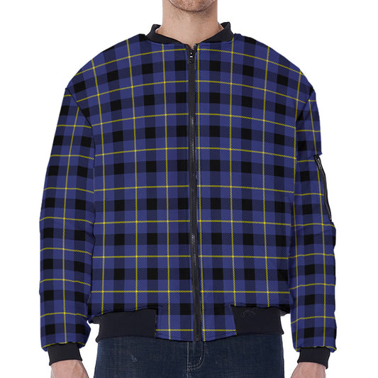 Blue Yellow And Black Plaid Print Zip Sleeve Bomber Jacket