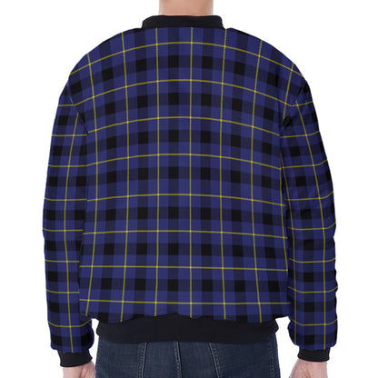 Blue Yellow And Black Plaid Print Zip Sleeve Bomber Jacket