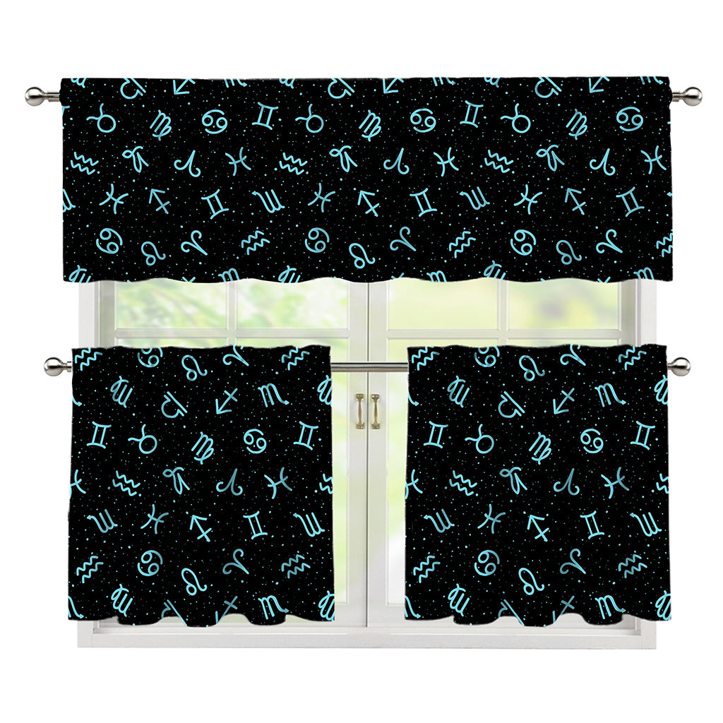 Blue Zodiac Symbols Pattern Print 3 Piece Kitchen Curtains