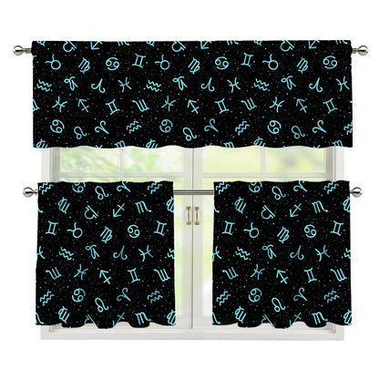 Blue Zodiac Symbols Pattern Print 3 Piece Kitchen Curtains