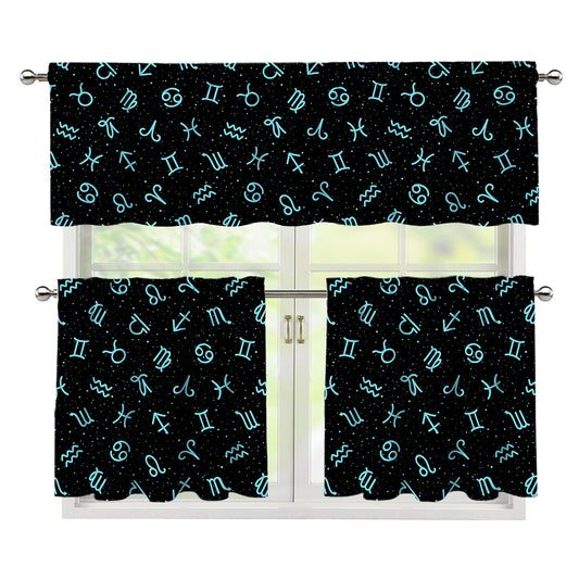 Blue Zodiac Symbols Pattern Print 3 Piece Kitchen Curtains