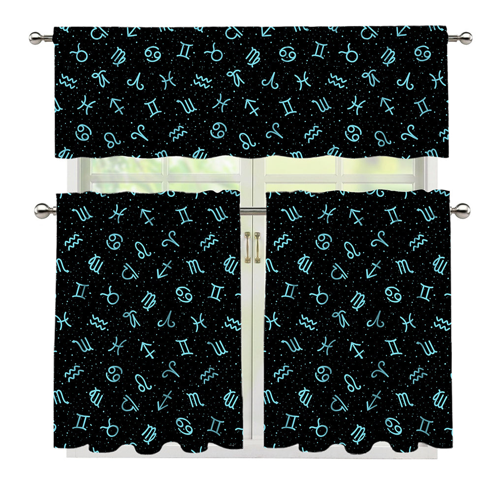 Blue Zodiac Symbols Pattern Print 3 Piece Kitchen Curtains