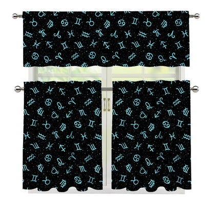 Blue Zodiac Symbols Pattern Print 3 Piece Kitchen Curtains