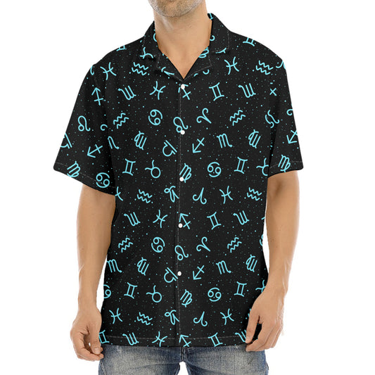Blue Zodiac Symbols Pattern Print Aloha Shirt