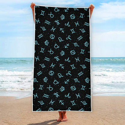 Blue Zodiac Symbols Pattern Print Beach Towel