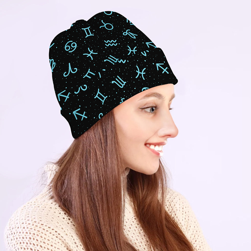 Blue Zodiac Symbols Pattern Print Beanie