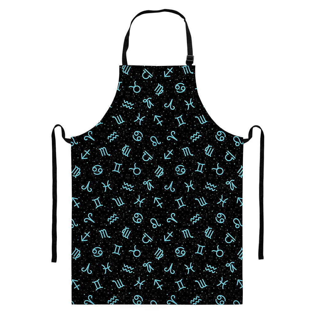 Blue Zodiac Symbols Pattern Print Bib Apron With Pocket