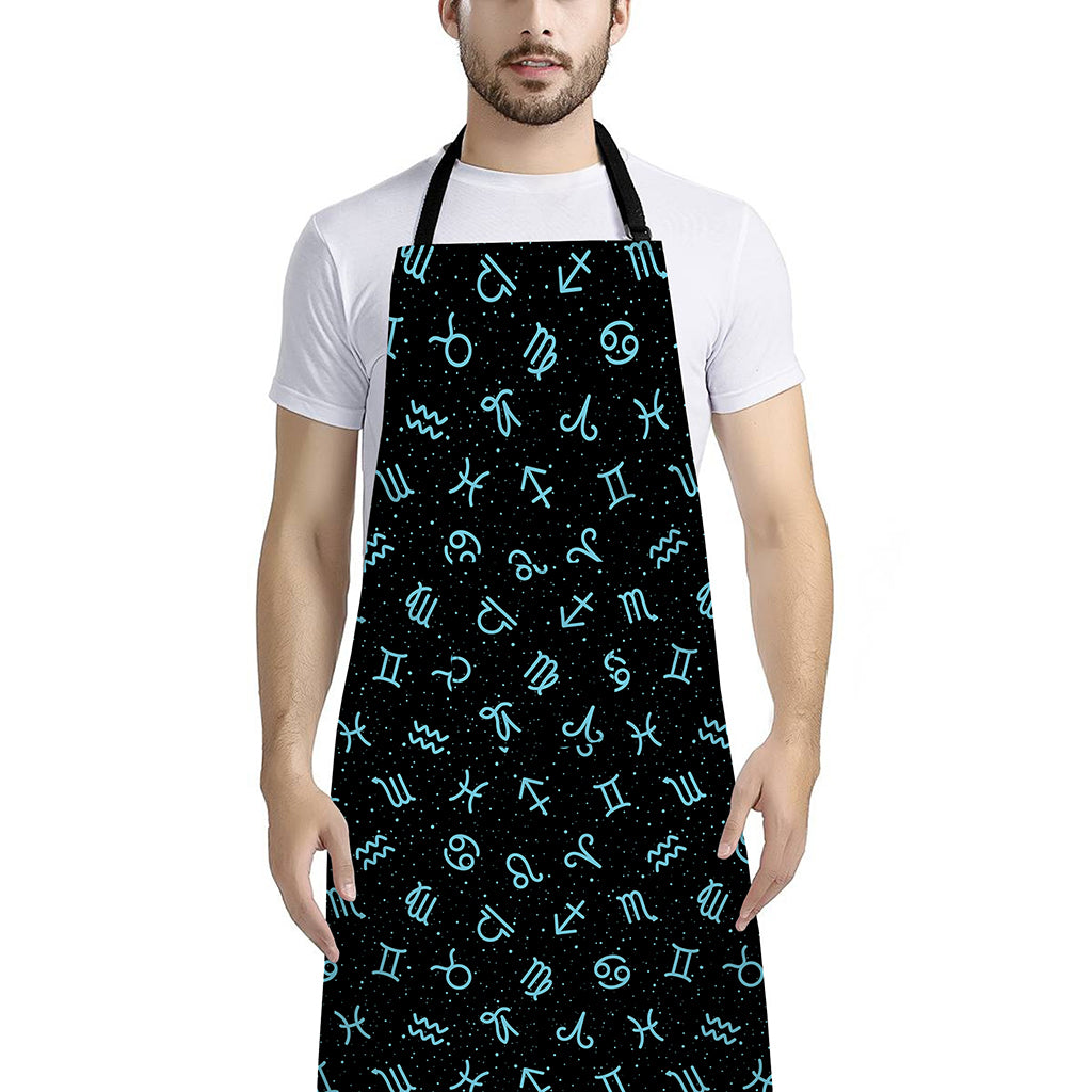Blue Zodiac Symbols Pattern Print Bib Apron With Pocket