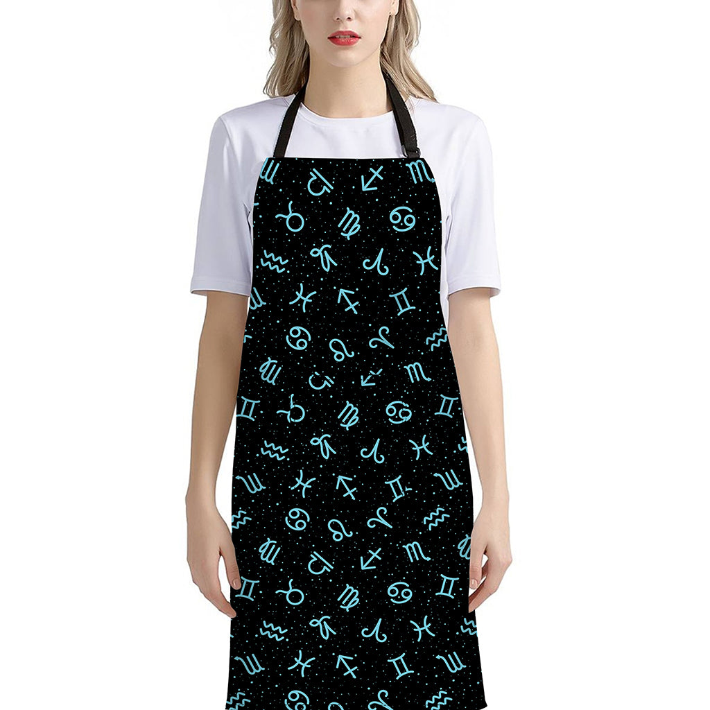 Blue Zodiac Symbols Pattern Print Bib Apron With Pocket