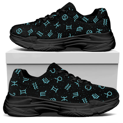 Blue Zodiac Symbols Pattern Print Black Chunky Shoes