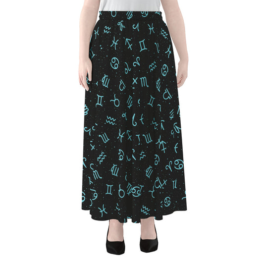 Blue Zodiac Symbols Pattern Print Chiffon Maxi Skirt