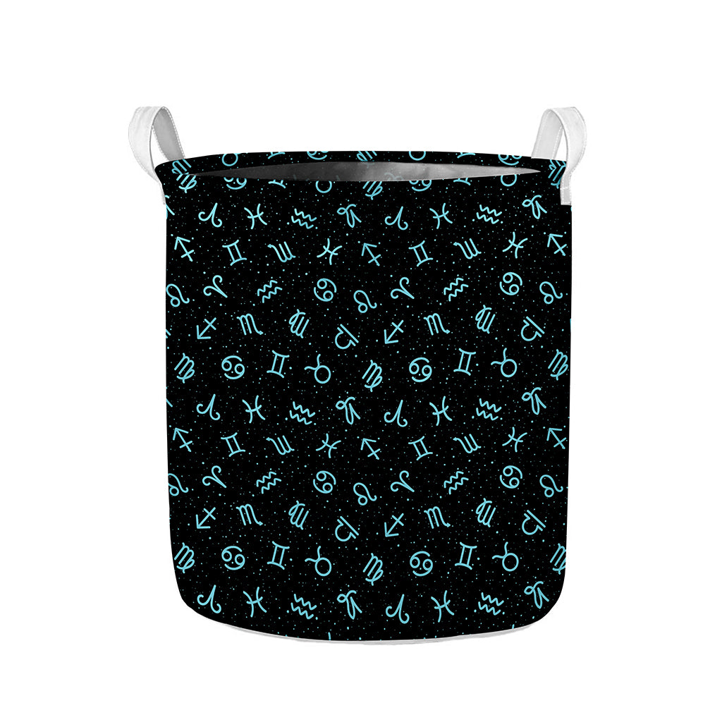 Blue Zodiac Symbols Pattern Print Collapsible Laundry Basket