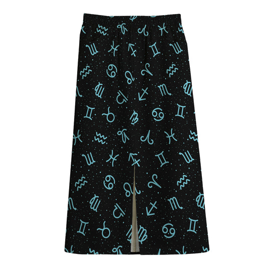 Blue Zodiac Symbols Pattern Print Cotton Front Slit Maxi Skirt