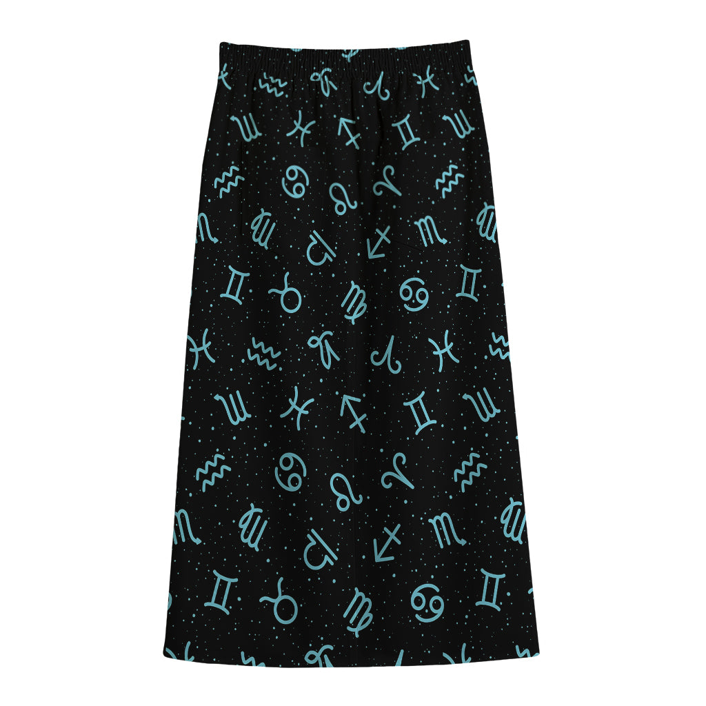 Blue Zodiac Symbols Pattern Print Cotton Front Slit Maxi Skirt
