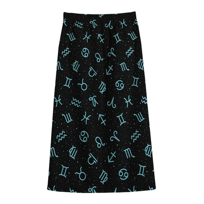 Blue Zodiac Symbols Pattern Print Cotton Front Slit Maxi Skirt