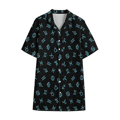 Blue Zodiac Symbols Pattern Print Cotton Hawaiian Shirt